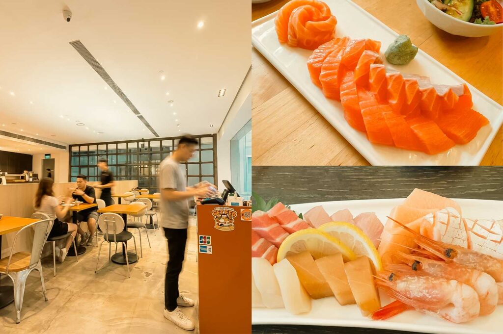 A three-panel collage depicting a dining experience: the left panel shows a modern, bright restaurant interior with patrons at wooden tables and a staff member near the counter; the top-right panel displays a long platter of sliced salmon sashimi alongside a salmon rose garnish and wasabi; the bottom-right panel features a close-up of a seafood platter with sweet prawns, lemon slices, and various thick-cut sashimi.