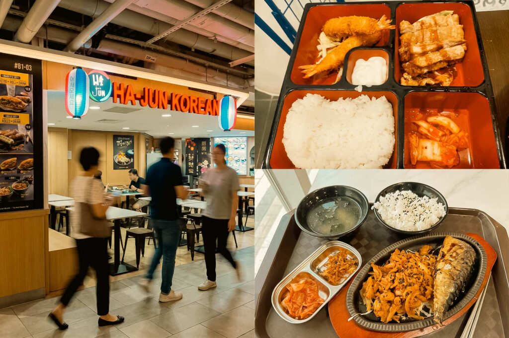 A three-panel collage featuring HA-JUN Korean at Republic Plaza. The large image on the left shows the casual Korean restaurant with its bright orange "HA-JUN Korean" sign, blue lantern-style decorations, outdoor seating, and office workers walking past the storefront. The top-right image displays a Korean bento set with crispy breaded prawns, sliced fried chicken drizzled with sauce, steamed white rice, kimchi, and a creamy dipping sauce arranged in separate compartments. The bottom-right image showcases a sizzling Korean meal with grilled mackerel and spicy stir-fried pork served on a hot plate, accompanied by steamed rice sprinkled with black sesame seeds, clear soup, kimchi, and small side dishes, offering a hearty and traditional Korean dining experience.