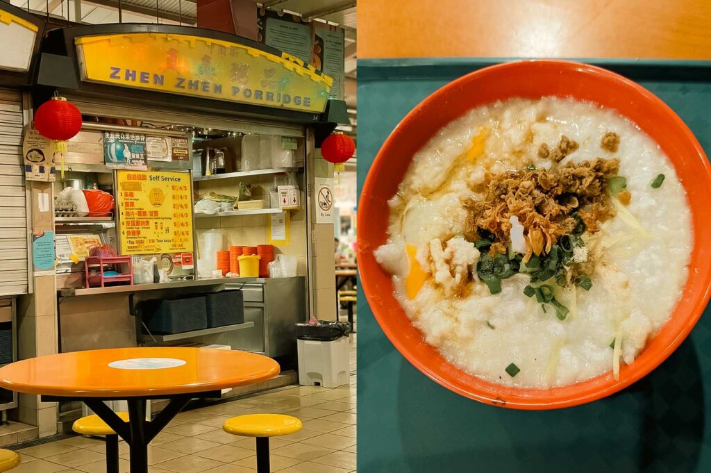 A split composition image. The left side shows the yellow storefront sign for "Zhen Zhen Porridge" hawker stall at Maxwell Food Centre with a menu board and an orange table in front. The right side shows a top-down view of a warm bowl of thick Cantonese rice congee served in a bright orange bowl, garnished with crispy fried shallots, chopped green scallions, julienned ginger, and an egg.