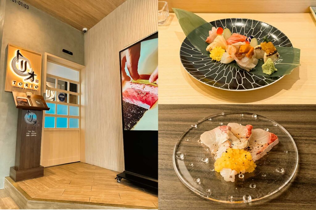 A three-panel collage showcasing TORIO Japanese Restaurant: the left panel shows the wooden entryway with illuminated signage and a menu stand; the top-right panel displays an ornate platter of assorted sashimi garnished with uni and fresh flowers on a patterned black plate; the bottom-right panel shows delicately seared white fish slices topped with yellow roe on a clear glass plate.