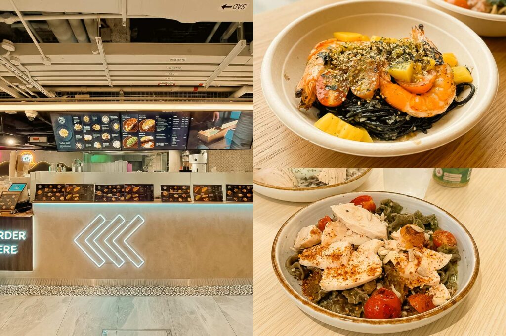 A three-panel collage featuring a modern healthy food concept at Republic Plaza. The large image on the left shows the sleek takeaway counter with illuminated arrow branding, digital menu boards displaying grain bowls, salads, and wraps, and a minimalist industrial design. The top-right image showcases a vibrant squid ink pasta bowl topped with grilled prawns, cherry tomatoes, diced mango, seaweed flakes, sesame seeds, and herbs. The bottom-right image features a wholesome green pasta salad topped with sliced poached chicken breast, roasted cherry tomatoes, leafy greens, seeds, and a light seasoning, highlighting the restaurant's fresh, nutritious, and contemporary meal offerings.