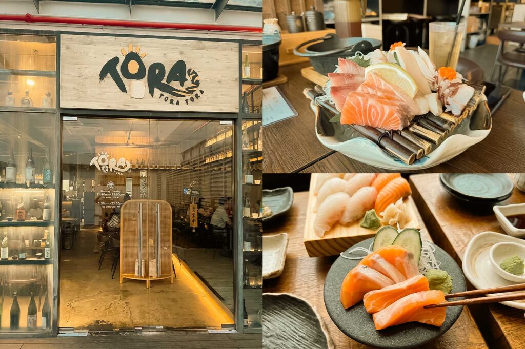 A three-panel collage featuring Tora Tora Tora Japanese restaurant: the left panel shows the wooden glass storefront framed by displays of sake bottles; the top-right panel shows a wave-shaped bowl filled with ice, bamboo sticks, and an assortment of fresh sashimi slices including salmon and octopus; the bottom-right panel displays salmon sashimi on a dark plate, held by chopsticks, alongside nigiri sushi on a wooden block.