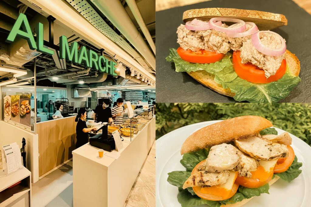 A three-panel collage featuring AL Marché at Republic Plaza. The large image on the left shows the bright, modern deli-style eatery with a prominent green "AL MARCHÉ" sign, an open kitchen, and a service counter displaying freshly prepared meals as staff assist customers. The top-right image showcases an open-faced tuna salad sandwich made with toasted whole wheat bread, crisp lettuce, thick tomato slices, creamy tuna salad, and red onion rings. The bottom-right image features a grilled chicken sandwich layered with tender chicken breast, cheddar cheese, fresh tomato slices, leafy lettuce, and a soft bun, highlighting the café's selection of fresh, wholesome sandwiches.