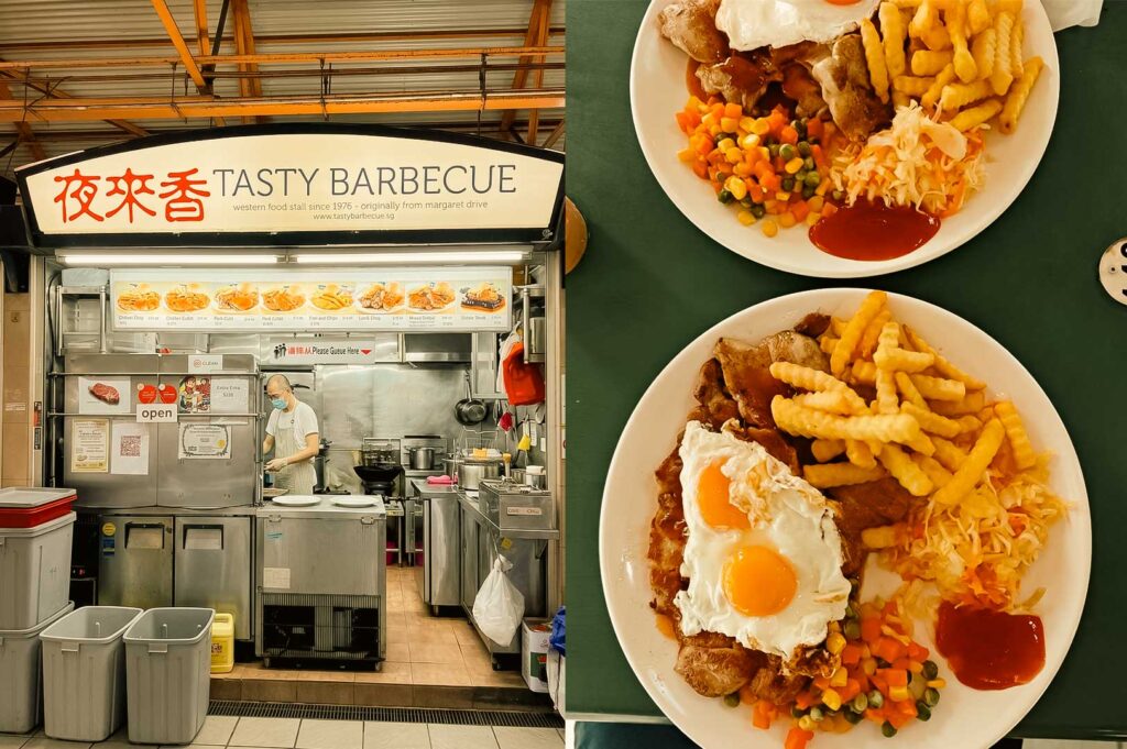 A split composition image. The left side shows the storefront of "Tasty Barbecue," a Western food stall established in 1976, with a cook working inside behind a stainless steel counter. The right side shows two top-down white plates of Hainanese Western food featuring grilled meats topped with sunny-side-up fried eggs, a mound of crinkle-cut french fries, coleslaw, mixed peas and corn, and a side of chili sauce.