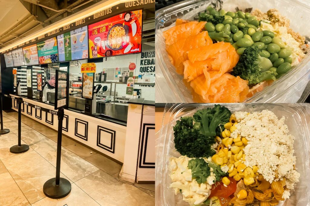 A bright, modern fast-casual restaurant counter with illuminated digital menu boards and a clean black-and-white service counter. Queue barriers stand in front of the ordering area, while warm overhead lighting creates a welcoming atmosphere. On the right, two takeaway meal boxes are displayed: one filled with vibrant orange salmon slices, green edamame, broccoli, and a creamy salad; the other packed with broccoli, sweet corn, cauliflower rice, pasta, and mixed vegetables. The collage highlights fresh, healthy grab-and-go meals in a contemporary food court setting with a clean, organized, and inviting aesthetic.