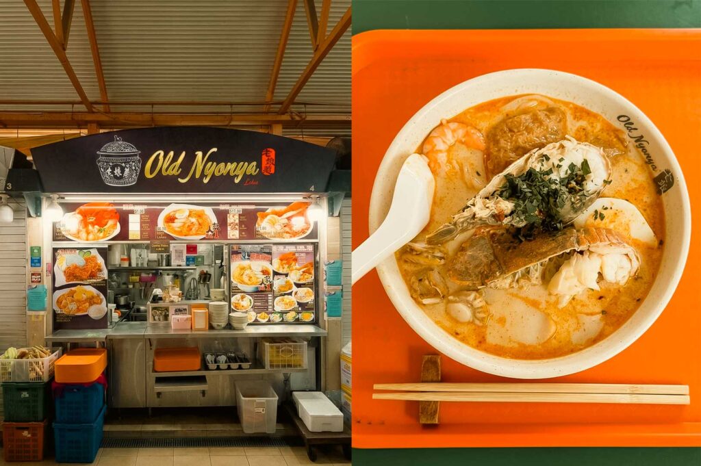 A split composition image. The left side shows the black and gold signage of the "Old Nyonya" hawker stall at Maxwell Food Centre with illuminated menu displays. The right side features a top-down view of a bowl of creamy coconut laksa served on an orange tray, garnished with sliced crayfish, prawns, fish cakes, hard-boiled egg, and chopped laksa leaves, accompanied by a white spoon and wooden chopsticks.