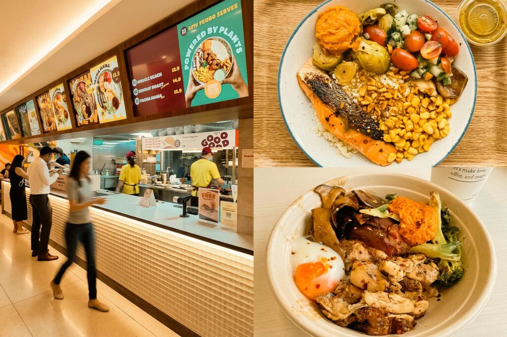A three-panel collage showcasing healthy food options at Republic Plaza. The left panel shows a bright, modern food counter with illuminated menu boards, warm lighting, and customers ordering. The top-right panel features a nourishing salmon bowl with grilled salmon fillet, rice, corn, roasted Brussels sprouts, cherry tomato and cucumber salad, roasted vegetables, and a scoop of orange sweet potato mash, with dressing on the side. The bottom-right panel shows another wholesome bowl topped with a soft-boiled egg, grilled chicken, broccoli, mushrooms, roasted vegetables, and sweet potato mash, accompanied by a takeaway coffee cup. The overall atmosphere emphasizes fresh, balanced meals in a contemporary food hall.