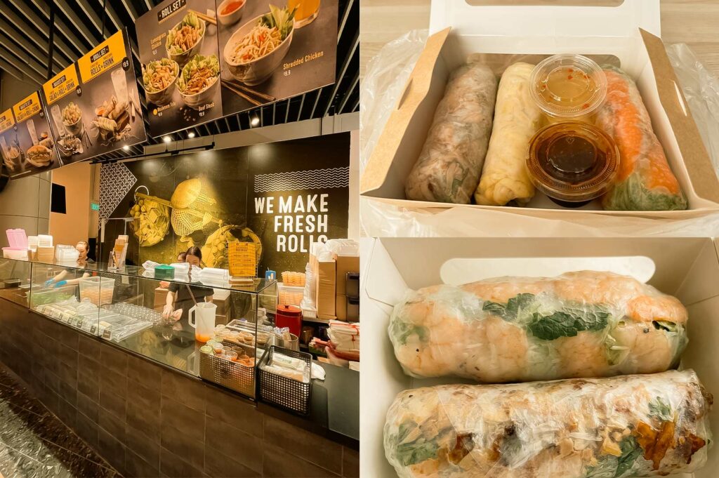 A three-panel collage featuring a fresh Vietnamese roll stall at Republic Plaza. The left panel shows a modern food kiosk with staff preparing fresh rolls behind a glass counter, overhead menu boards displaying salads, roll sets, and rice paper rolls, and a large wall graphic reading "WE MAKE FRESH ROLLS." The top-right panel shows an open takeaway box containing three fresh Vietnamese rolls wrapped in translucent rice paper, served with two dipping sauces. The bottom-right panel is a close-up of two rice paper rolls—one filled with plump prawns, herbs, and vegetables, and the other with shredded meat, fresh greens, and herbs—highlighting the vibrant ingredients visible through the delicate wrappers.