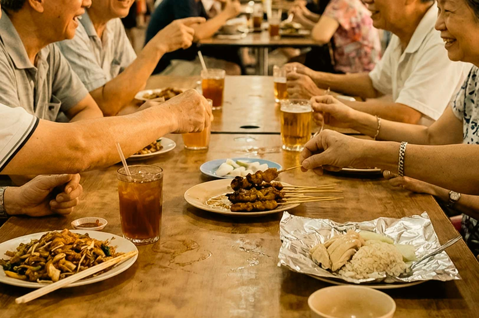 This lively candid shot captures a group of older adults gathered around a long wooden dining table in a hawker center, sharing a communal meal under warm, ambient lighting. The table is filled with dishes, including grilled chicken satay skewers on a plate, stir-fried noodles with chopsticks, Hainanese chicken rice served on foil, iced drinks, and glasses of beer, as the diners chat, reach for food, and smile in conversation.