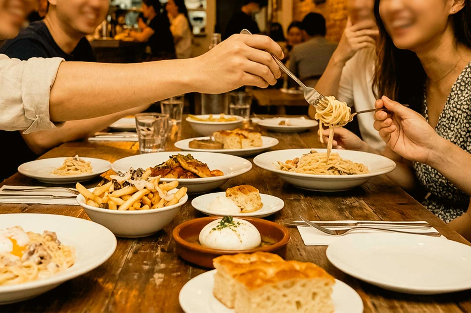 A hand reaching across a rustic wooden table filled with shared dishes—pasta, french fries, bread, and burrata—using a fork to take a bite of pasta straight from a friend's plate. A group of friends smiling and dining together in a warm, cozy restaurant setting.