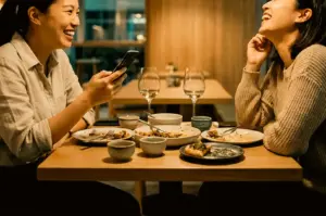 Two friends sit across from each other at a wooden dining table in a warmly lit, ambient restaurant, sharing a lively conversation and laughing together. The woman on the left holds a smartphone while smiling broadly, while her companion across the table rests her hand against her chin in laughter, framed by a table set with wine glasses, small tea cups, and partially finished plates of food.