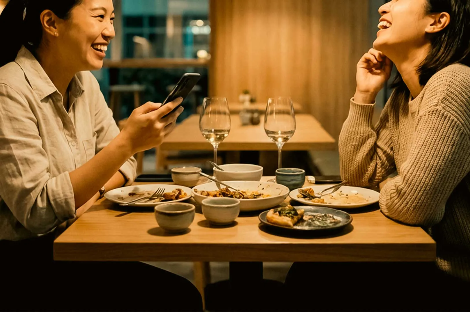 Two friends sit across from each other at a wooden dining table in a warmly lit, ambient restaurant, sharing a lively conversation and laughing together. The woman on the left holds a smartphone while smiling broadly, while her companion across the table rests her hand against her chin in laughter, framed by a table set with wine glasses, small tea cups, and partially finished plates of food.