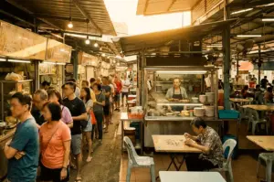 Bustling outdoor hawker center scene contrasting a long queue of patrons lined up at one stall against an empty stall across the alley with a seated vendor.