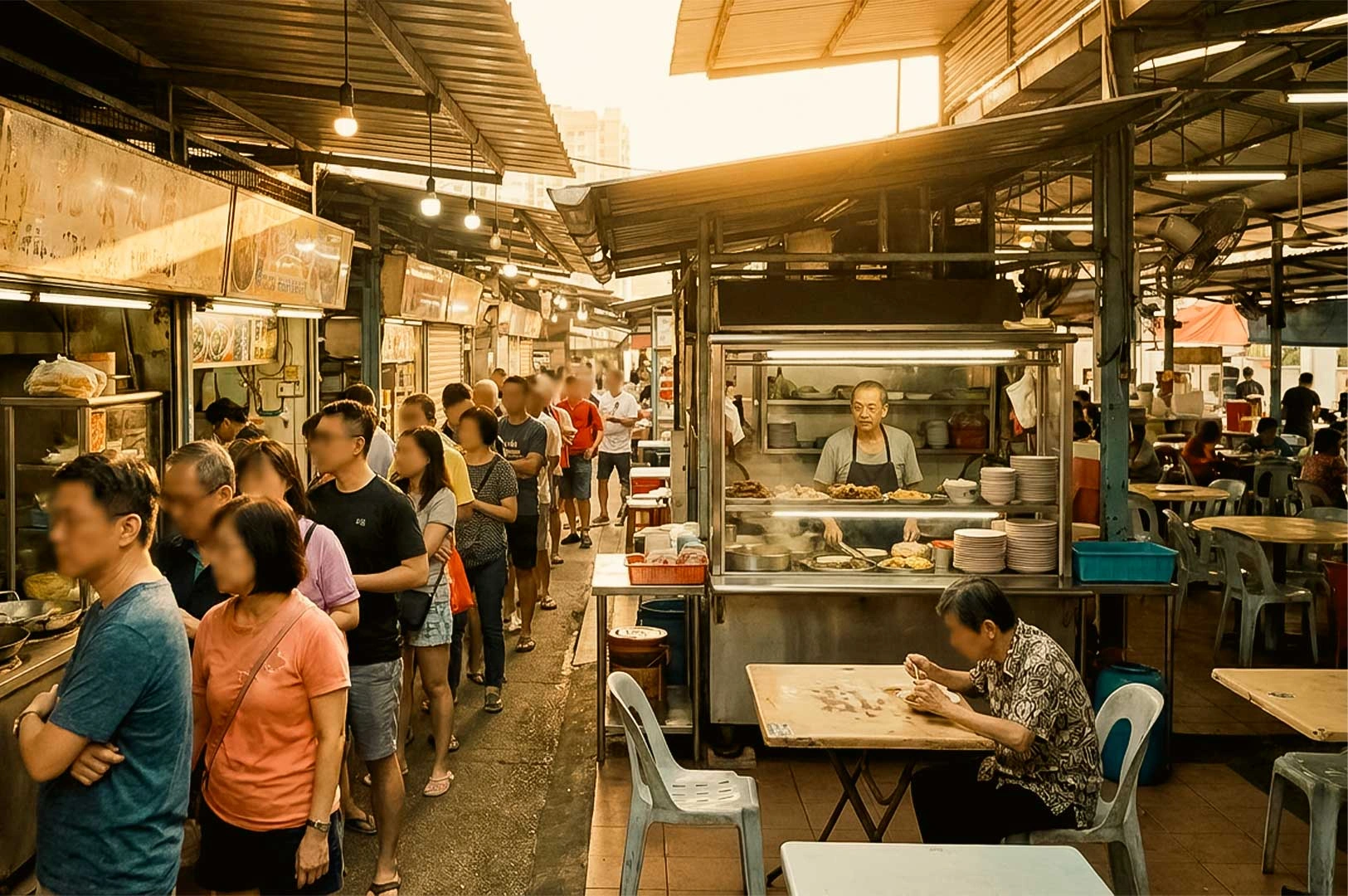Bustling outdoor hawker center scene contrasting a long queue of patrons lined up at one stall against an empty stall across the alley with a seated vendor.