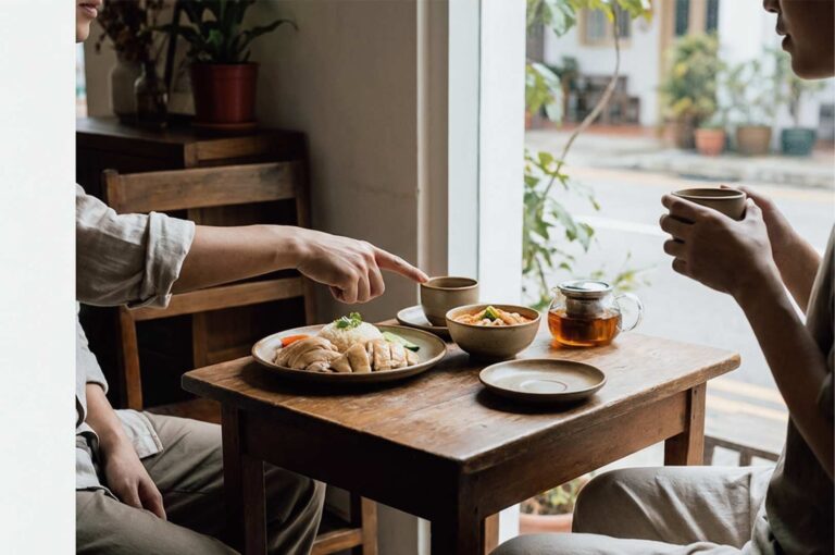 A warm, intimate dining scene where two people sit opposite each other at a small wooden table next to a large window. One person points towards a plate of Hainanese poached chicken rice, while the other holds a ceramic tea cup. A bowl of soup, a small glass teapot, and empty saucers are set between them on the table.