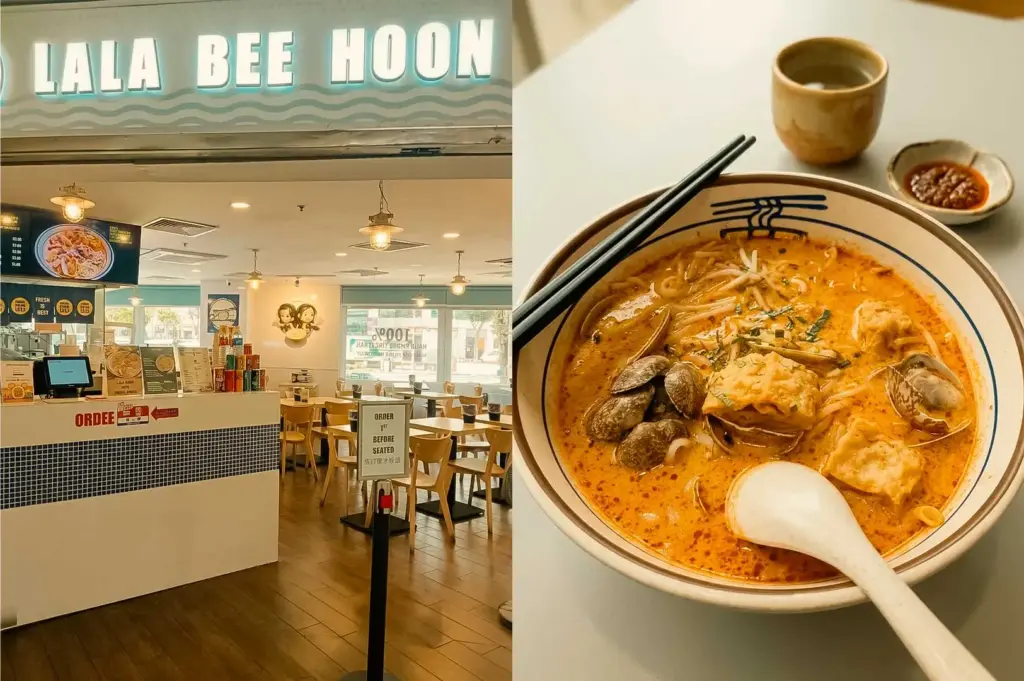 A split image featuring Lala Bee Hoon at Fortune Centre. On the left, the clean, modern restaurant interior and ordering counter feature light blue-and-white tiling, a backlit "LALA BEE HOON" sign, and warm wooden tables and chairs. On the right, a close-up shot shows a large ceramic bowl filled with rich, orange-tinted broth, rice vermicelli noodles, fresh clams in their shells, tofu puffs, and bean sprouts. A small dish of sambal chili, a teacup, and a white spoon are set beside the bowl on a light table surface.
