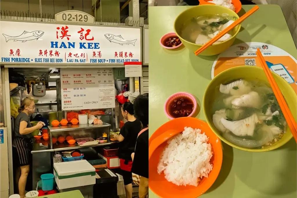 A split image features the Han Kee hawker stall on the left alongside a prepared table spread on the right. On the left, unit 02-129 shows a hawker worker serving customers before a brightly lit counter displaying a menu board for fish porridge and sliced fish bee hoon. On the right, a lime-green tabletop is set with two yellow bowls of clear fish soup topped with fresh cilantro, served alongside an orange bowl filled with white rice, orange plastic utensils, and two small pink saucers of sliced chili dipping sauce.