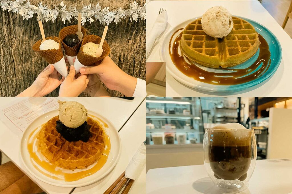 A four-panel collage displays various desserts and beverages, featuring three hands holding waffle ice cream cones together in a toast in the top left, a green waffle topped with a scoop of ice cream and drizzled sauce on a blue-rimmed plate in the top right, a golden waffle stacked with dark spread and a scoop of ice cream in the bottom left, and a clear double-walled glass filled with a layered coffee drink topped with thick foam in the bottom right.