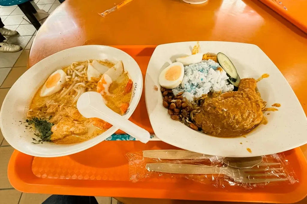 A top-down shot of a two-dish Peranakan meal served on a bright orange plastic tray. On the left sits a bowl of rich Nyonya laksa containing noodles, half a hard-boiled egg, fish cakes, prawns, and bean sprouts in a creamy coconut broth. On the right is a plate of Nasi Lemak featuring blue pea flower-dyed white rice, a whole braised chicken leg generously smothered in rendang curry sauce, peanuts, anchovies, a cucumber slice, and a hard-boiled egg. Disposable wooden cutlery wrapped in plastic rests alongside the dishes.