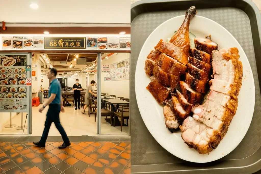 Left Panel: The entrance of "88 Hong Kong Roast Meat Specialist," featuring a dark sign with gold lettering, glass sliding doors, indoor dining tables, warm lighting, photo-illustrated menu boards, and a passerby walking past the storefront. Right Panel: A top-down shot of a large oval serving platter resting on a grey tray, laden with glossy roasted duck, caramelized char siu (barbecue pork), and thick slices of crispy-skinned roast pork belly (sio bak).