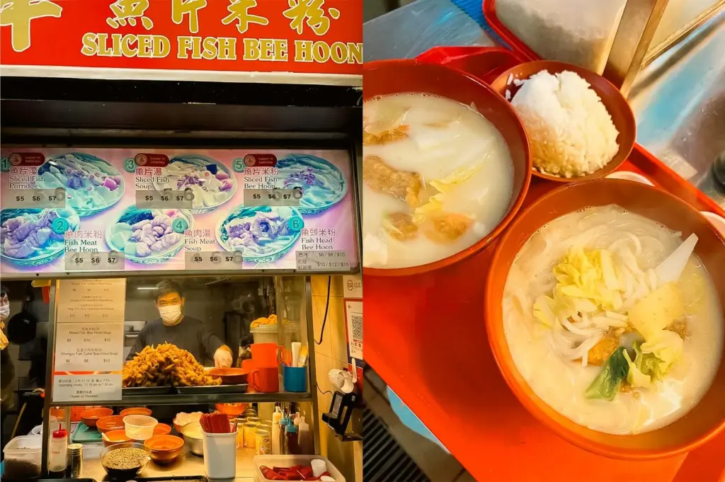 A split image features `Jin Hua Sliced Fish Bee Hoon` hawker stall on the left alongside a tray of prepared food on the right. On the left, a vendor wearing a face mask stands behind a brightly lit counter stacked with golden-brown fried fish nuggets, framed by a overhead menu banner displaying options like sliced fish porridge and fish head bee hoon. On the right, a red tray holds two orange bowls filled with milky white broth, thin rice vermicelli, cabbage, and fried fish, alongside a small orange bowl of steamed white rice.