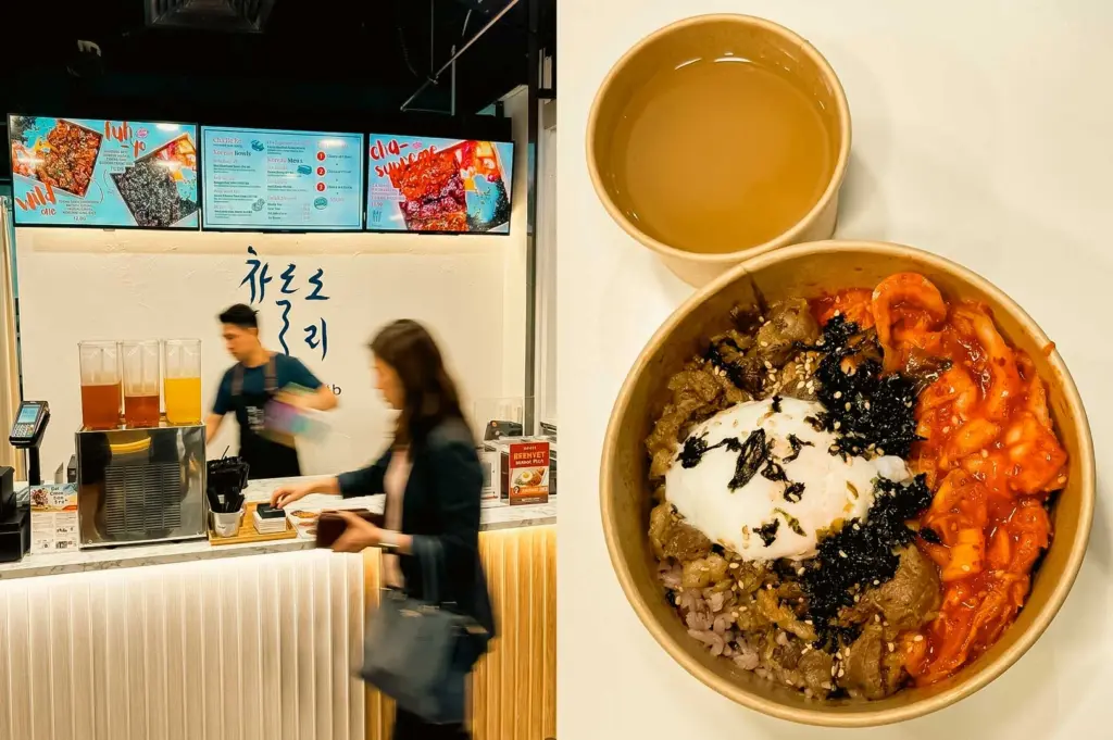 Left Panel: A sleek ordering counter featuring warm under-counter LED strip lighting, liquid drink dispensers, digital overhead menu boards displaying Korean bowl options, Hangul calligraphy wall graphics, and staff preparing orders behind the counter. Right Panel: A top-down shot of a takeaway craft paper bowl served alongside a cup of hot broth, packed with purple rice, thinly sliced bulgogi beef, bright red kimchi, shredded nori seaweed flakes, toasted sesame seeds, and a poached egg.