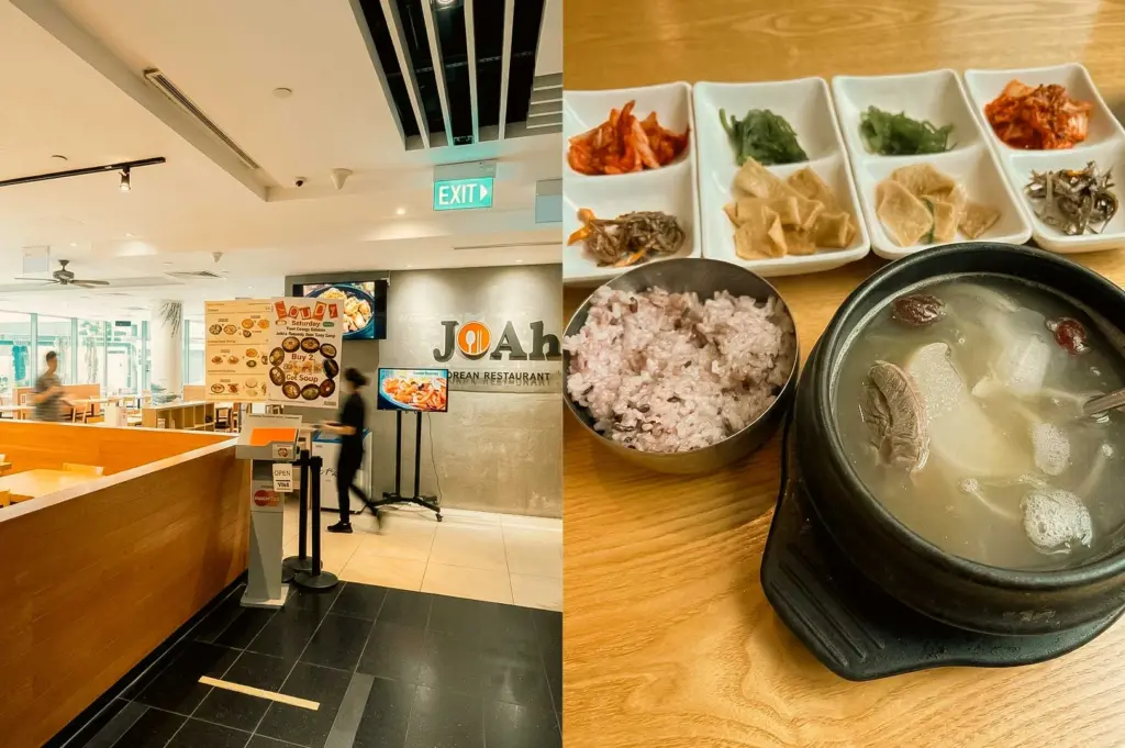Left Panel: The entrance of "JOAh Korean Restaurant," featuring light wood interior paneling, an illuminated brand sign mounted on a textured grey feature wall, promotional menu displays, a self-checkout/ordering kiosk, and ceiling track lighting. Right Panel: A top-down shot of a light wooden table set with a steaming black stone pot of piping-hot beef or chicken broth soup with radish slices and jujubes, a stainless steel bowl of purple multi-grain rice, and four small white rectangular banchan dishes containing kimchi, seasoned fish cakes, seaweed salad, and stir-fried anchovies.
