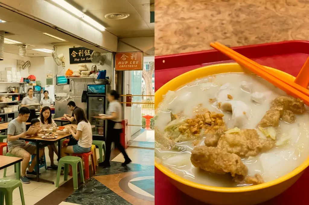 Left Panel: The traditional, bustling interior of "Hup Lee Cafeteria" (合利) featuring retro signage, simple dining tables paired with green, red, and yellow plastic stools, ceiling fans, and patrons eating lunch. Right Panel: A top-down close-up of a bright yellow plastic bowl resting on a red tray, filled with a rich, milky broth containing tender white fish slices, crispy deep-fried fish chunks, fried garlic bits, and greens, accompanied by orange plastic chopsticks.