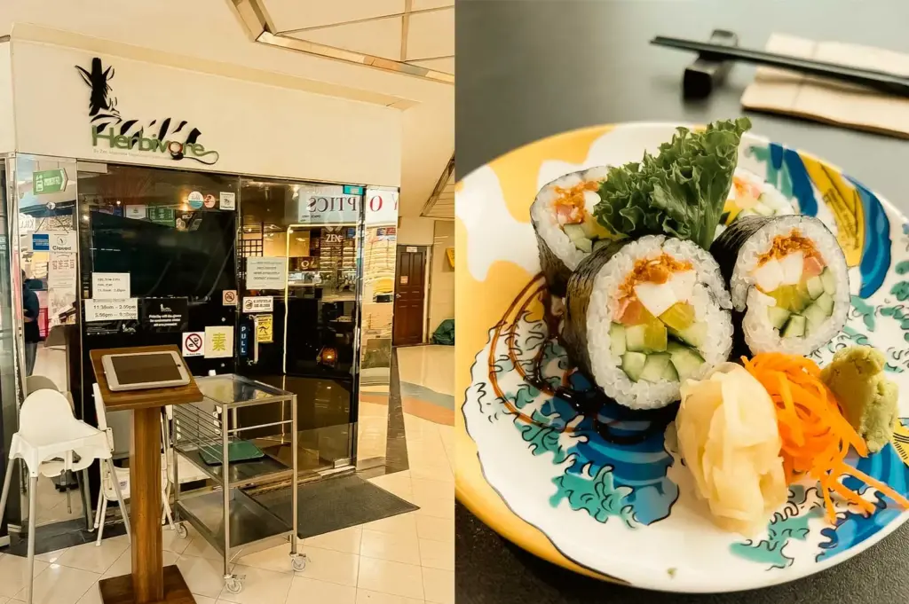 A split image featuring a Japanese vegetarian dining spot at Fortune Centre. On the left, the glass entrance of Herbivore displays stylized black-and-green branding, opening hours notices, a high chair, and a stainless steel tray cart outside. On the right, a patterned plate styled with wave illustrations holds four thick vegetarian sushi rolls stuffed with cucumber, radish, and plant-based fillings. The plate is garnished with a lettuce leaf crown, pickled ginger, shredded carrots, and a dab of green wasabi.