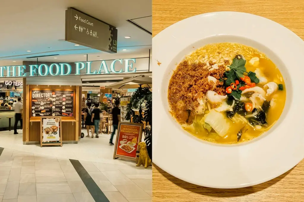 Left Panel: The entrance to "THE FOOD PLACE" food court by Food Junction, featuring a large directory board, promotional floor stands, overhead directional signage, warm timber accents, and patrons walking into the dining hall. Right Panel: A top-down view of a wide white ceramic bowl filled with a vibrant golden fish broth containing tender poached fish slices, leafy greens, crispy puffed rice, fried shallot flakes, fresh cilantro, and red chili slices.