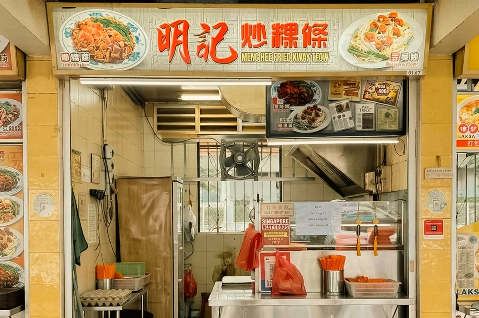 The front view of the Meng Kee Fried Kway Teow hawker stall (unit 01.67), featuring a large overhead banner with red Chinese typography and bilingual dish photography, a stainless steel order counter with plastic cutlery containers, and a compact kitchen interior complete with an exhaust hood, cooling fan, and framed media features.