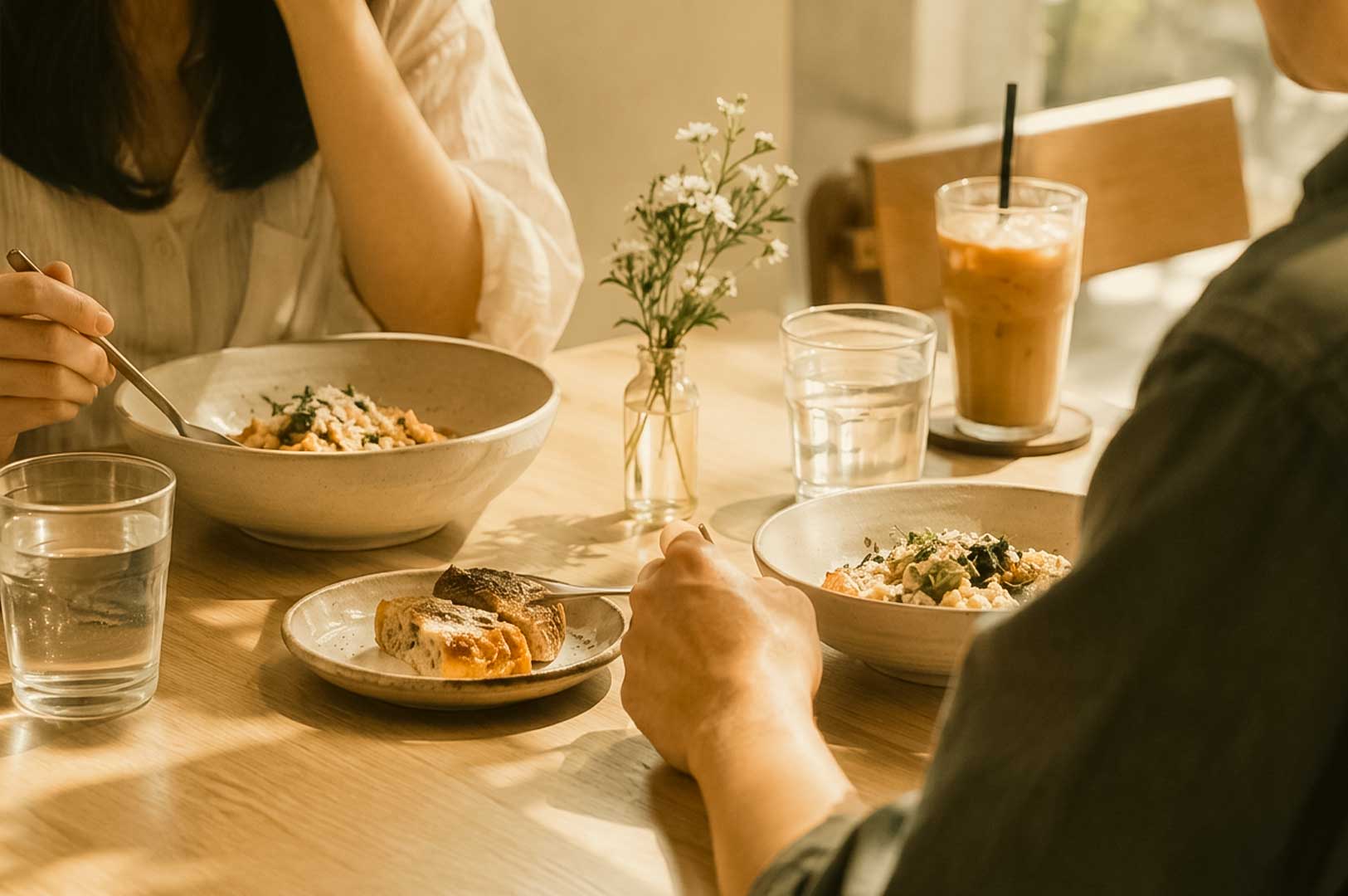 An intimate dining scene at a wooden table bathed in warm sunlight, showing two people sharing a meal with bowls of pasta or risotto, sliced crusty bread, glasses of water, an iced drink, and a delicate vase of small white flowers set between them.