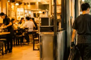 A warm, atmospheric shot looking into a bustling restaurant dining room filled with seated patrons, framed on the right by a rear view of a staff member in a black shirt and apron carrying a black trash bag out the door.