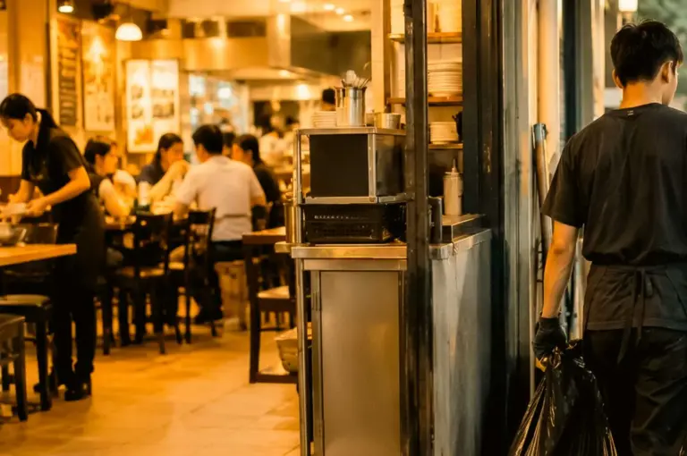 A warm, atmospheric shot looking into a bustling restaurant dining room filled with seated patrons, framed on the right by a rear view of a staff member in a black shirt and apron carrying a black trash bag out the door.