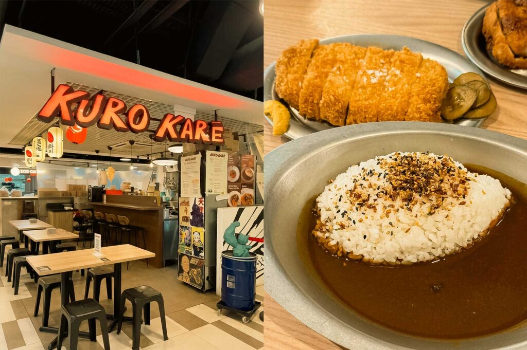 A side-by-side composite image displaying a restaurant storefront on the left and a plated meal on the right. The left panel shows the entrance to "KURO KARE" with prominent red letter signage, hanging white paper lanterns, wooden dining tables, and black stools. The right panel provides a close-up shot of Japanese curry sauce surrounding a mound of furikake-sprinkled white rice served in a metallic bowl, set alongside a metal tray holding a sliced, golden-crisp chicken or pork cutlet accompanied by pickles and mustard.