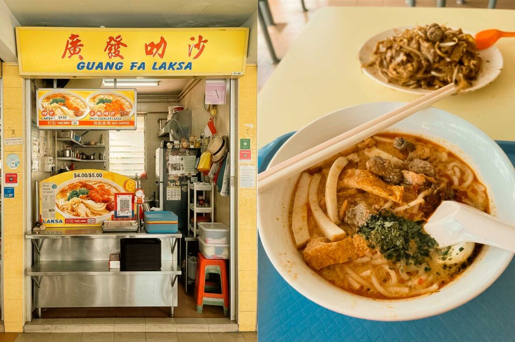 A side-by-side composite image showing a hawker stall storefront on the left and a bowl of laksa on the right. The left panel features the "Guang Fa Laksa" stall front with a yellow header displaying Chinese and English signage alongside menu photos and a stainless steel prep station. The right panel offers a close-up, high-angle view of a bowl of spicy laksa noodles filled with coconut curry broth, fishcake slices, tau pok (tofu puffs), cockles, and fresh herbs, with chopsticks resting across the rim and a plate of fried noodles visible in the background.