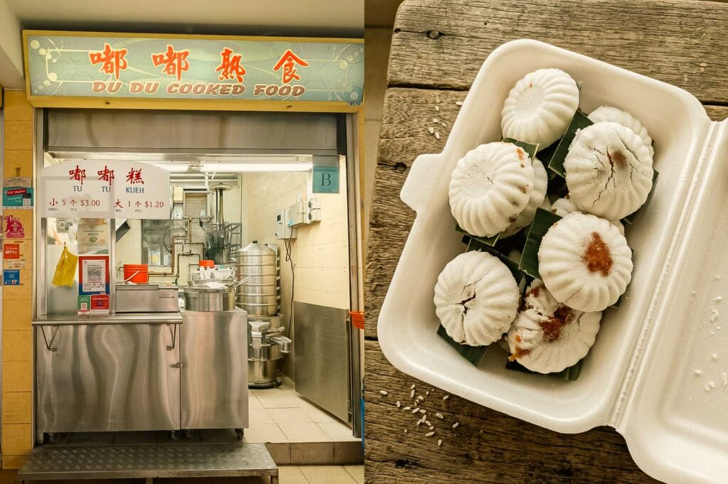 A side-by-side composite image featuring the "Du Du Cooked Food" (嘟嘟熟食) food stall on the left, displaying a sign for Tu Tu Kueh with pricing details above its stainless steel counter setup, and a close-up on the right of a white styrofoam container resting on a wooden surface, filled with soft, round white tu tu kueh cakes served on small squares of banana leaf.
